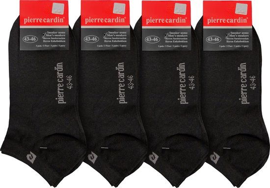Vier paar zwarte heren enkelsokken van Pierre Cardin, maat 43-46, in verpakking.