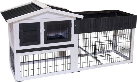 Konijnenhok met ren – Groot konijnenhok voor buiten met nachthok en kruidenbak – 155x53x80,5 cm – Flamingo Konijnenhok Aurora Rustic Grijs