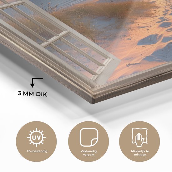 MuchoWow® Peinture sur verre 30x20 cm - Peinture sur verre acrylique - Vue à travers - Plage - Dunes - Coucher de soleil - Photo sur verre - Décoration murale salon - Décoration murale chambre - Peintures