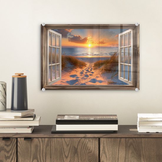 MuchoWow® Peinture sur verre 30x20 cm - Peinture sur verre acrylique - Vue à travers - Plage - Dunes - Coucher de soleil - Photo sur verre - Décoration murale salon - Décoration murale chambre - Peintures