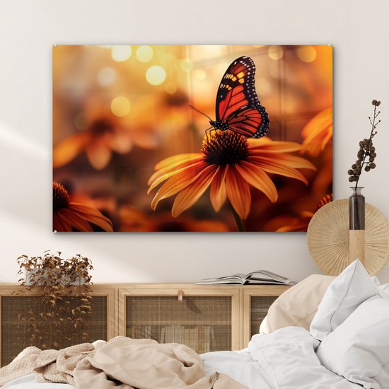 MuchoWow® Tableau sur verre 120x80 cm - Tableau sur verre acrylique - Papillon - Fleurs - Oranje - Photo sur verre - Décoration murale salon - Décoration murale chambre - Peintures
