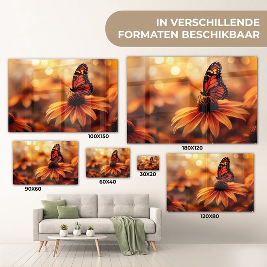 MuchoWow® Tableau sur verre 120x80 cm - Tableau sur verre acrylique - Papillon - Fleurs - Oranje - Photo sur verre - Décoration murale salon - Décoration murale chambre - Peintures