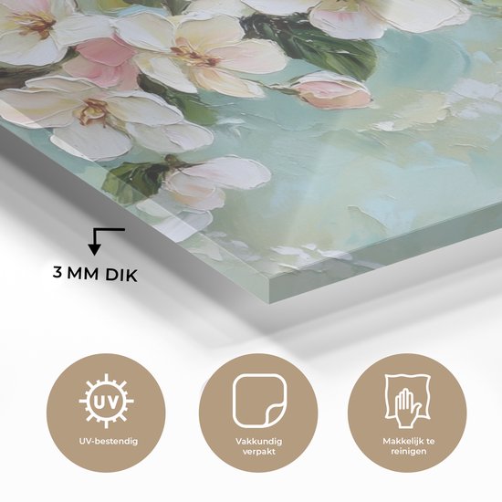 MuchoWow® Tableau sur verre 60x40 cm - Tableau acrylique sur verre - Fleurs - Feuilles - Bleu clair - Photo sur verre - Décoration murale salon - Décoration murale chambre - Peintures
