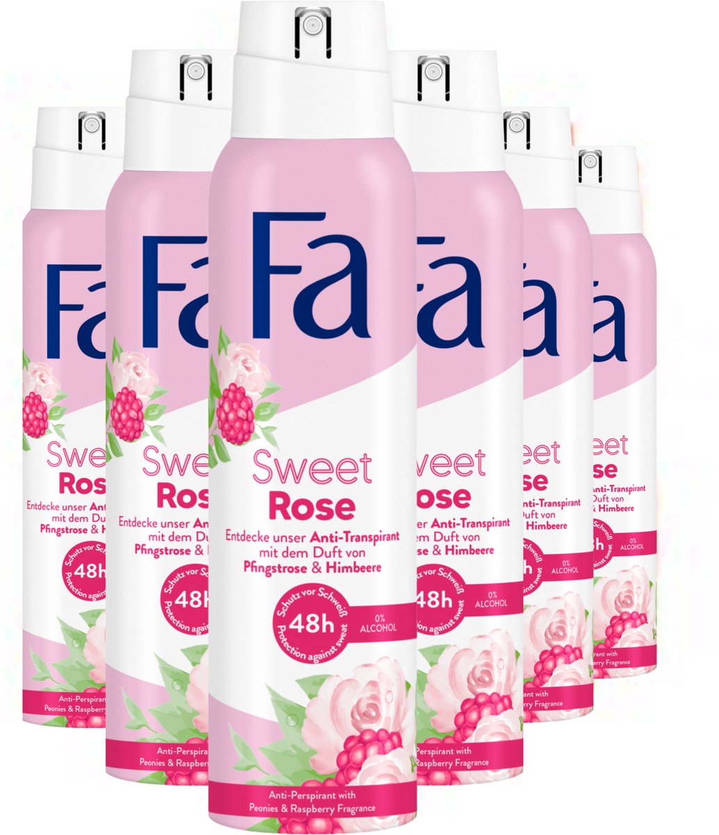 Goedkoopste Fa Deodorant - Sweet Rose - Zoete Geur van Pioenrozen en Frambozen - Langdurige Bescherming - Huidvriendelijk - Voordeelverpakking - 6x 150ml