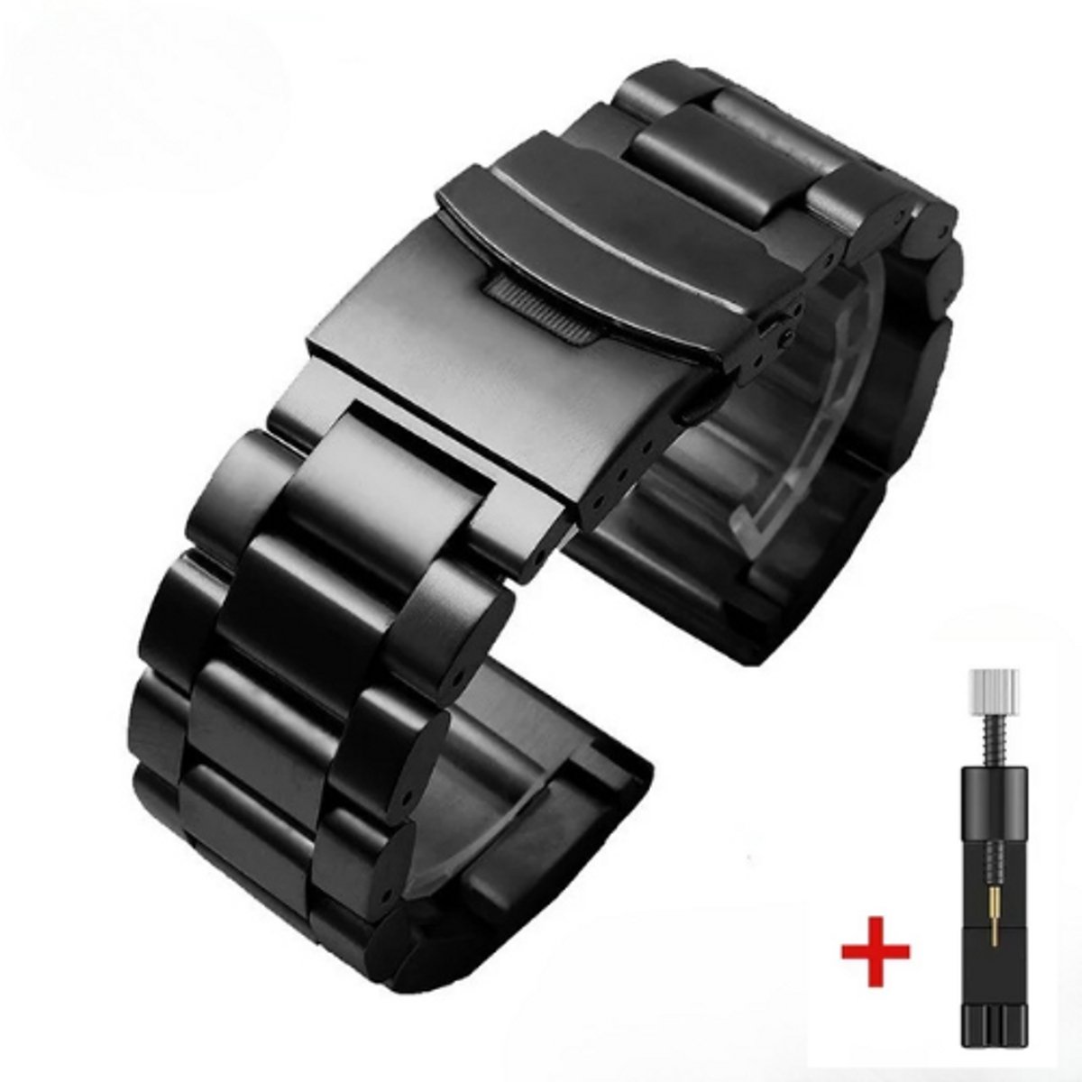 DrPhone ELITE - Metalen 24mm Horlogeband - Druk sluiting - Universeel + Aanpaskit - Zwart