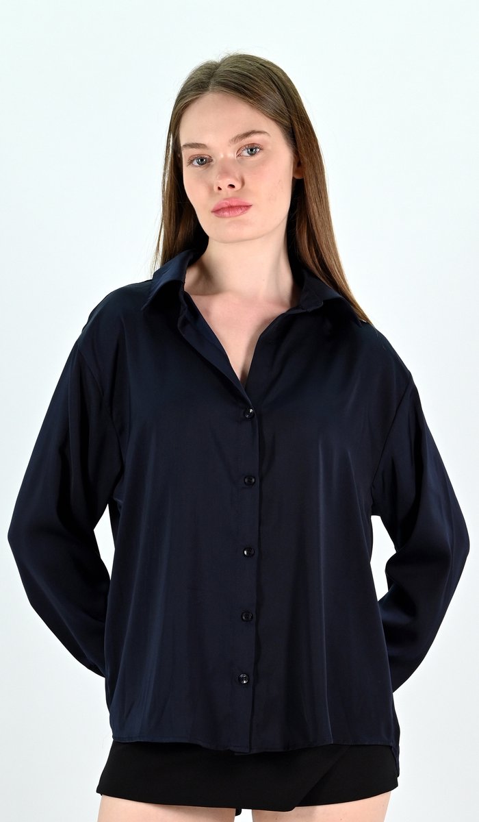 YesMooi - Basis Satijnen Blouse - Donker Blauw - XL (42)