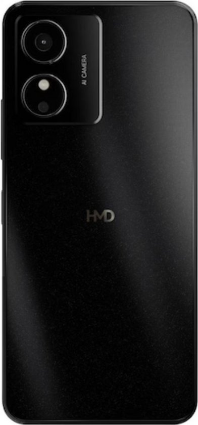 Achterkant van een zwarte smartphone met een dubbele camera en het HMD-logo.