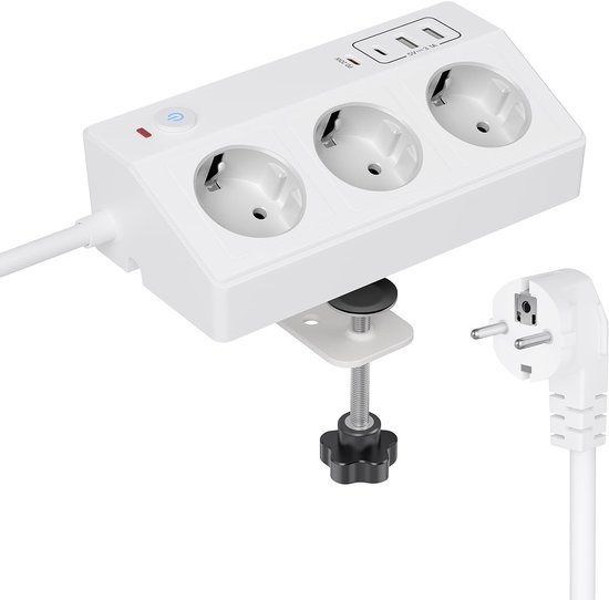 StayPowered Tafelstopcontact - Ultime Oplossing voor Uw Bureau - 7-in-1 Stekkerdoos - 2x USB-C (PD 20W) - 2x USB-A - 3x AC Stopcontacten - 180 Graden Draaibare Tafelklem - 3m Kabel - Overspanningsbeveiliging - Wit - Levering Sneller dan Aangegeven!