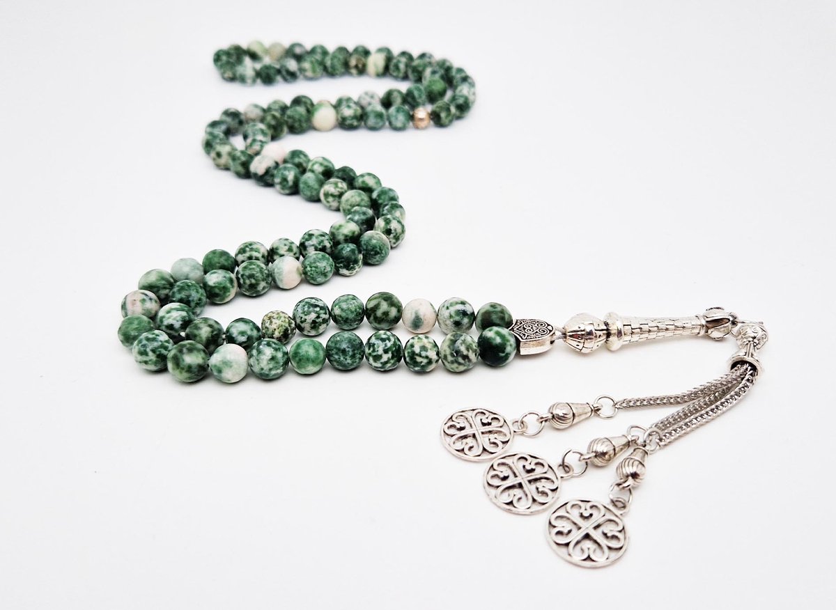 Handgemaakte tesbih "Tasbih" natuursteen "Qinghai hade" - Aantal kralen 99 - Diameter kralen 8MM - met metaal tassel "Arabesk" - Een mooi cadeau-idee