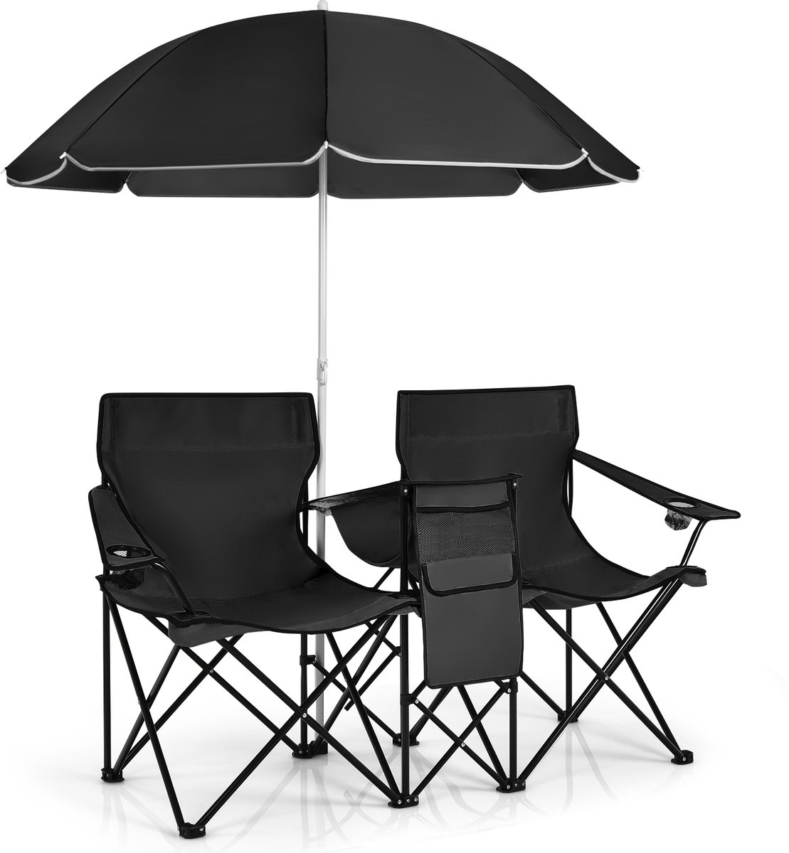 COSTWAY Campingstoel met parasol klapstoel voor koppels dubbele visstoel opvouwbaar met bekerhouder koeltas (zwart) 55 x 85 x 161 cm