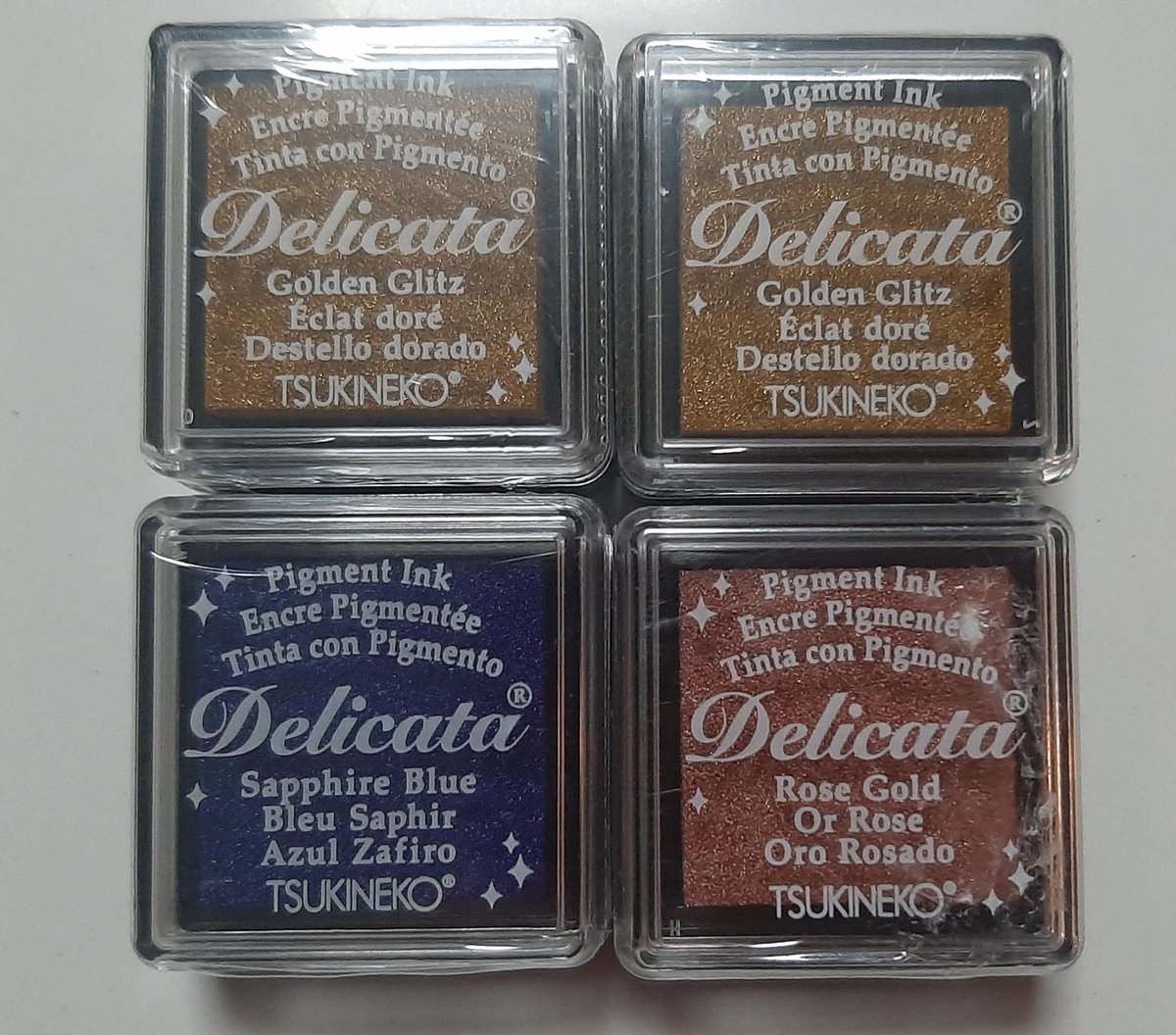 4pack delicata mini stempelinkt - inktkussens small - stempelkussen vierkant klein - 4x inktkussen - glimmer inkt metallic - 2x goud golden glitz 1x saffier 1x rose gold