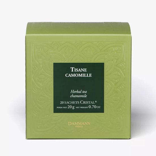 Groene Dammann Frères doos met 'Tisane Camomille' en 'Herbal tea chamomile' opdruk.