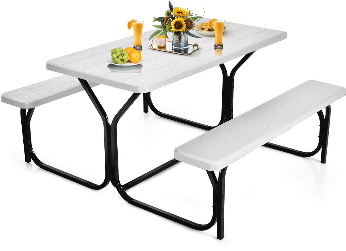COSTWAY Biertentgarnituur, picknicktafel en 2 zitbanken met metalen frame, campingtafelset feesttentgarnituur voor terras, tuin, zwembad, 137 x 150 x 72 cm (wit)