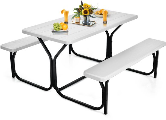 AXI Tony Tuinset met 2 losse Banken in Wit met Teak-look Polywood | Tuintafel/Picknicktafel van Aluminium | Eetset voor buiten/tuin