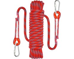 Klimtouw - 10 Mm Dikte - 10 Meter Touw - 1000 Kg Trekkracht - Inclusief Karabijnhaak - Outdoor Survival Touw - Paracord - Parachute - Kamperen - Boot - Outdoor - Slijtvast - Sterk Draagvermogen - Wordt geleverd met 2 karabijnhaken - Rood