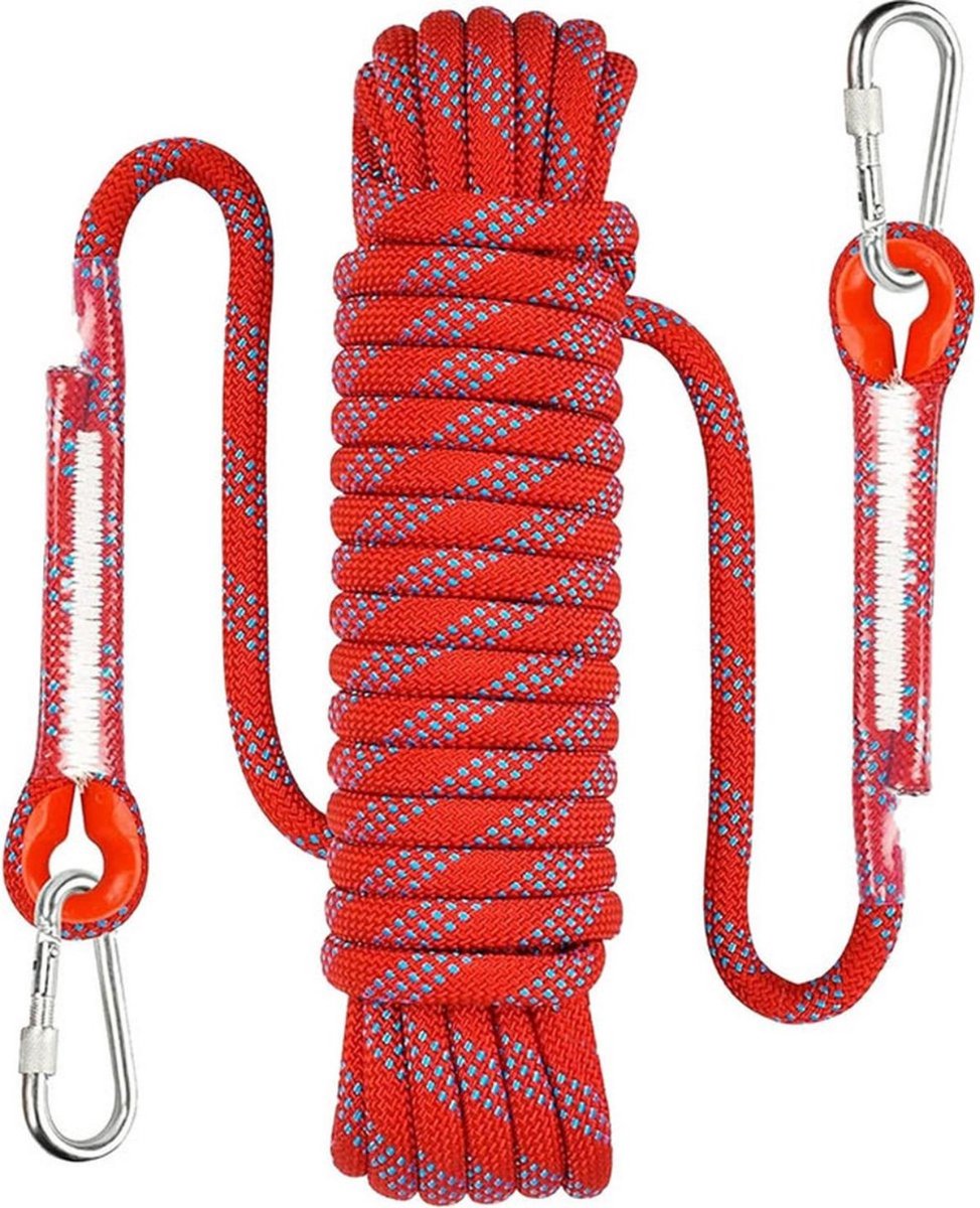 Klimtouw - 10 Mm Dikte - 10 Meter Touw - 1000 Kg Trekkracht - Inclusief Karabijnhaak - Outdoor Survival Touw - Paracord - Parachute - Kamperen - Boot - Outdoor - Slijtvast - Sterk Draagvermogen - Wordt geleverd met 2 karabijnhaken - Rood