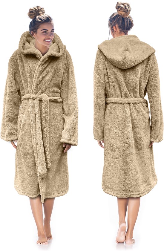LINNICK Teddy Fleece Badjas met Capuchon inclusief Teddy Tas - Shady Sand - S - Badjas Dames - Badjas Heren