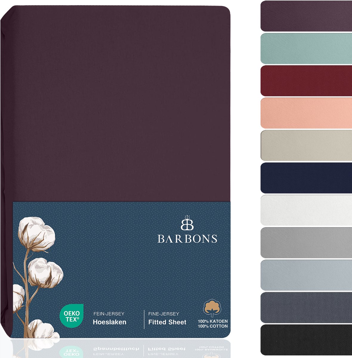 BARBONS hoeslaken 140 x 200 - hoeslakens Jersey 145 g/m² - 100% katoen - aubergine