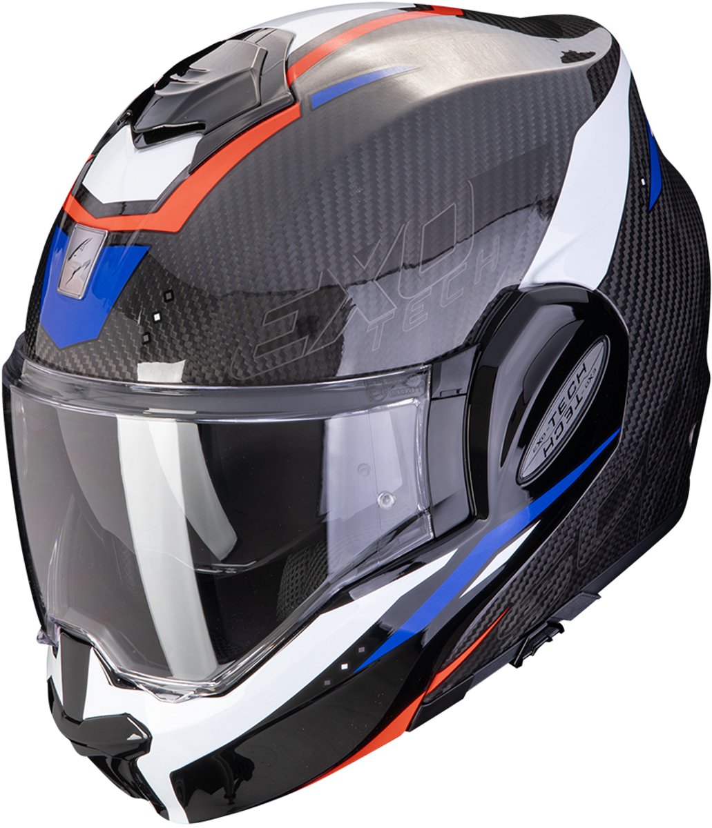 Scorpion Exo-Tech Evo Carbon Rover Zwart Rood Blauw Systeemhelm - Helm