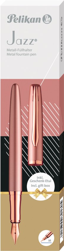 Pelikan Jazz vulpen, roze metaalkleur, met goudkleurige accenten, in geschenkverpakking.