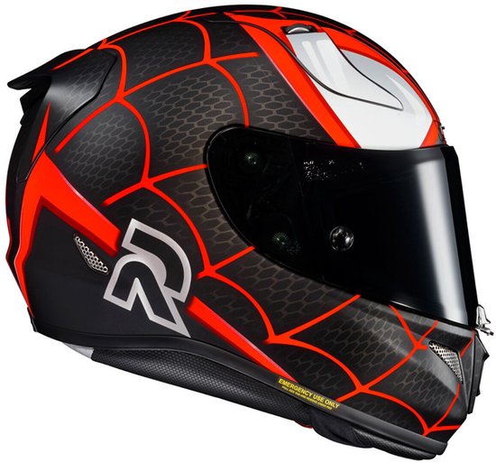 Zijkant van zwarte HJC helm met rood spinnenwebpatroon, witte ogen en "RPHA" logo.