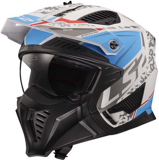 Casque LS2 avec imprimé graphique blanc, bleu et gris. Visière et mentonnière noires.