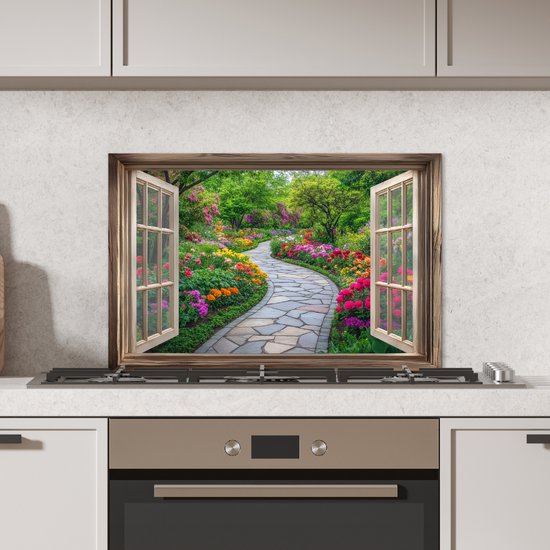 Crédence de Cuisinière en Aluminium 60x40 cm - Vue - Fleurs - Chemin de jardin - Nature - Fenêtre - Écran Pare-éclaboussures pour Plaque de Cuisson - Protection Murale