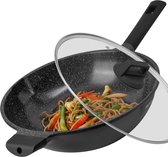 Wokpan inductie 32 Cm - Pan Met Anti-Aanbaklaag - Wokpan met deksel Voor Alle Warmtebronnen- PFAS Vrij - Softtouch Koudgreep - Marmeren Coating
