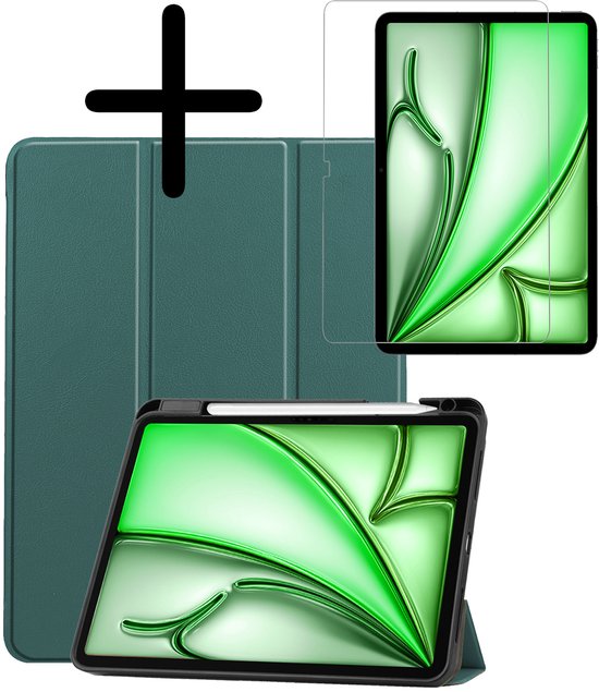 Étui pour tablette vert foncé, protecteur d'écran et iPad au design vert, pour illustrer l'ensemble.
