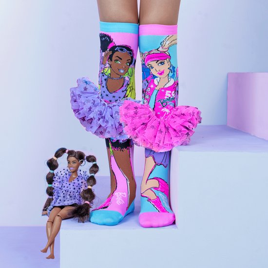 Hoge sokken met Barbie-print, roze en blauw, met tule ruches met sterren.
