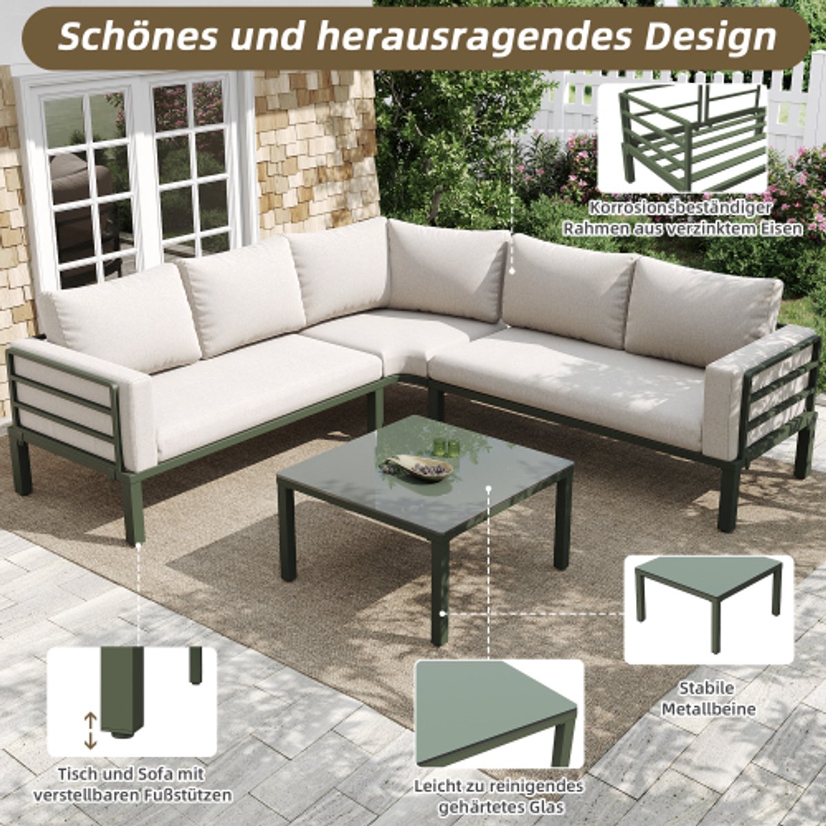 Tuinmeubelset (4-5 zitplaatsen), 1 salontafel van gehard glas, groen gegalvaniseerd ijzeren frame, comfortabel tuinmeubilair, beige zitkussens en kussens met verstelbare poten thumbnail 6
