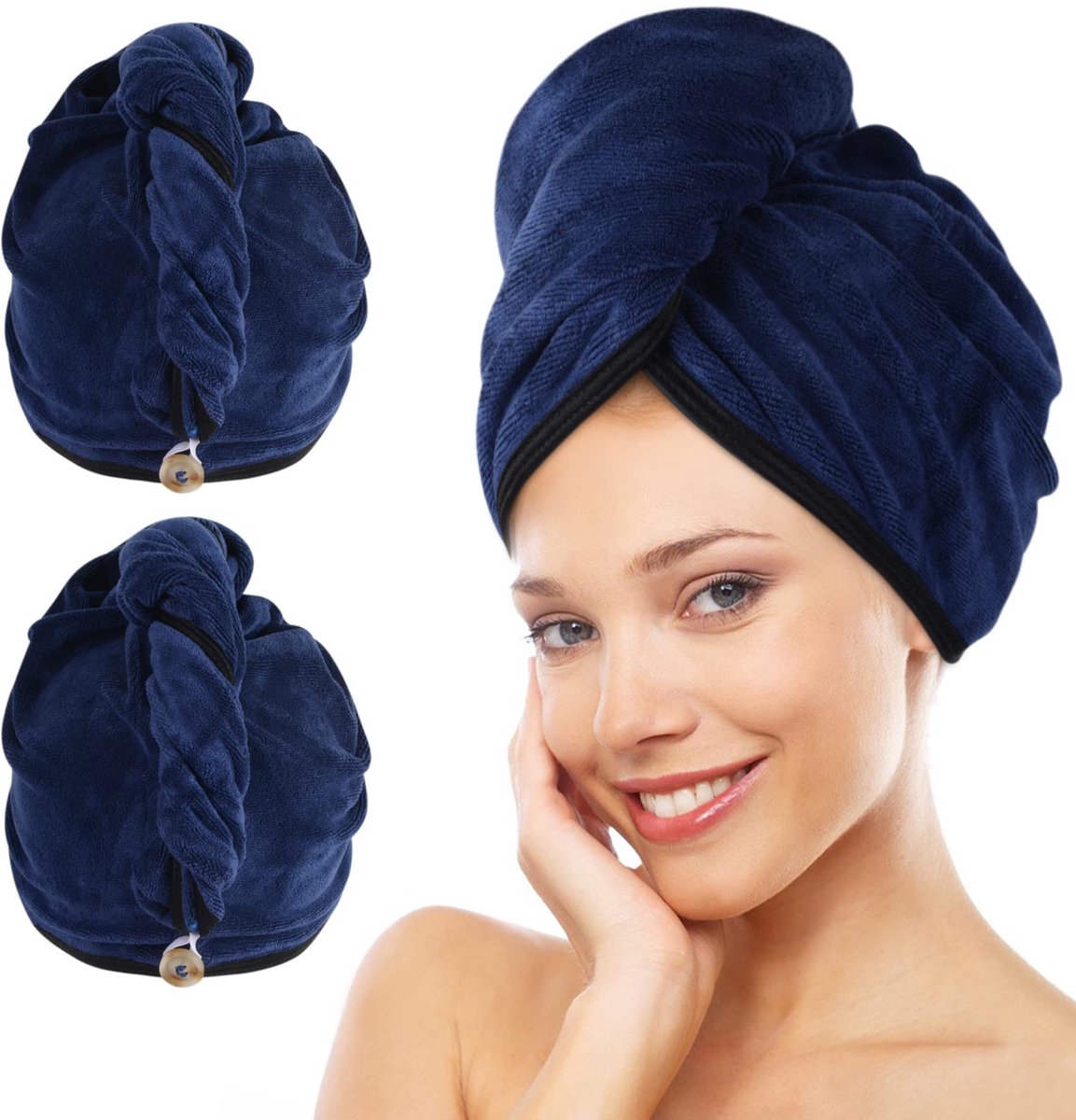 My Ninki ® Super Absorberende Microvezel Haartulband Handdoekenset voor Lang en Dik Haar, Sneldrogend, 2 Stuks, Marineblauw