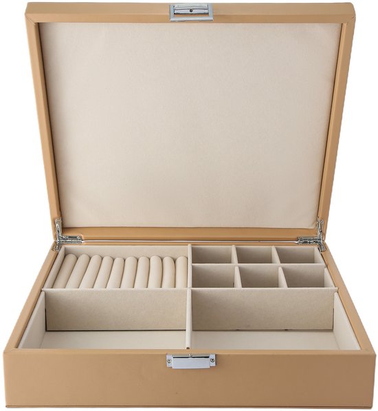 Open beige sieradendoos met diverse vakverdelingen voor sieraden. De binnenzijde is crème.