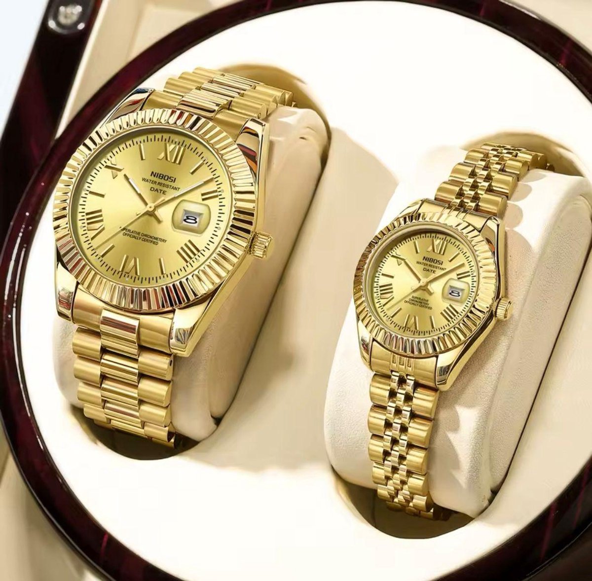 Nibosi - Heren en dames Horlogeset - Polshorloge - Heren - dames - Cadeau - Horloge - Geschenkdoos - Mannen - Geelgoud - RVS