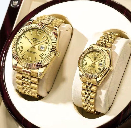 Nibosi - Coffret montre homme et femme - Montre-bracelet - Homme - femme - Cadeau - Montre - Coffret cadeau - Homme - Or jaune - Acier inoxydable