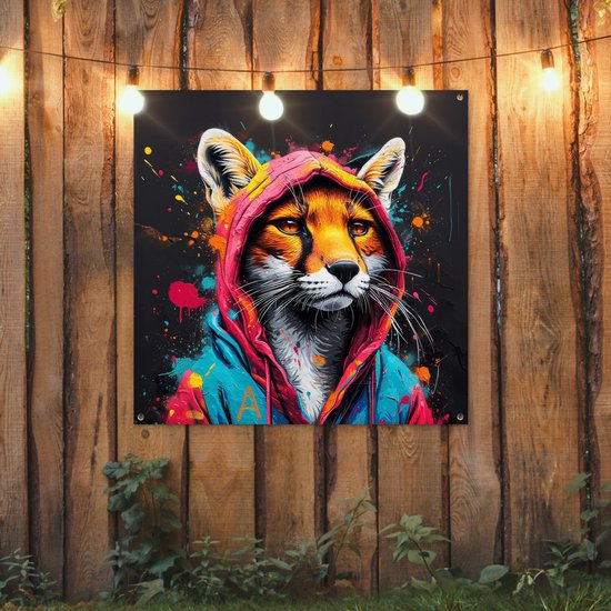 Affiche de jardin 100x100 cm - Décoration de jardin Graffiti - Renard - Manteau - Pop art - Animaux - Affiche pour le jardin - Décoration extérieure - Tableau de jardin clôture - Décoration murale toile jardin - Décoration murale toile balcon