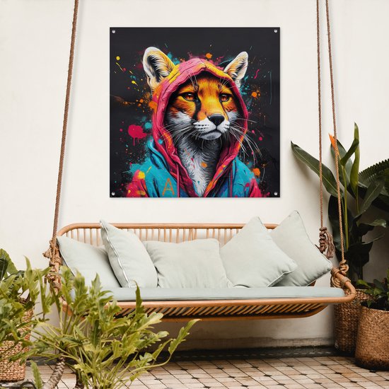 Affiche de jardin 100x100 cm - Décoration de jardin Graffiti - Renard - Manteau - Pop art - Animaux - Affiche pour le jardin - Décoration extérieure - Tableau de jardin clôture - Décoration murale toile jardin - Décoration murale toile balcon
