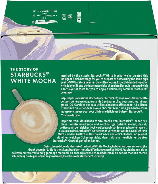 De verpakking van Starbucks White Mocha, met beschrijving en illustratie van het drankje.