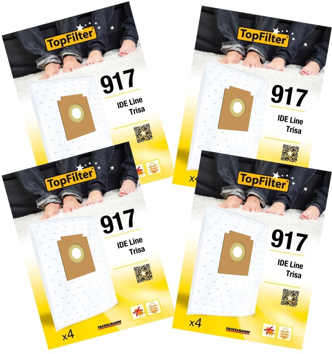 Set van 4 pakken van 4 stofzuigerzakken 64917 IDE Line en Trisa TopFilter Premium