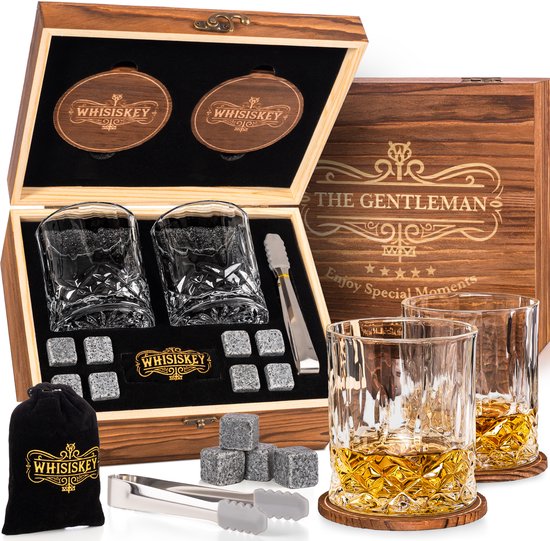 Whisiskey Luxe Whiskey Set The Gentleman - Incl. 2 Whiskey Glazen, 8 Whiskey Stones, 2 Onderzetters, Fluwelen Opbergzak, Opbergbox - Whisky Geschenkdoos - Glas - Herbruikbare IJsblokjes