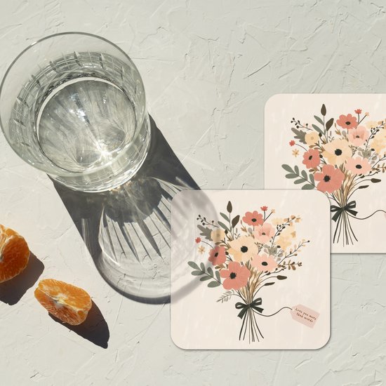 Dessous de verre Fleurs - Citation - Beige - Ruban - 10x10 cm - 6 morceaux - Sous pour Verres et Tasses