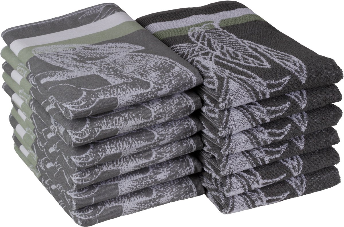 DoubleDry Theedoeken en Keukendoeken Set - 12 Stuks - 100% Katoen - Hoge Absorptie & Duurzaam - Jungle, Antraciet