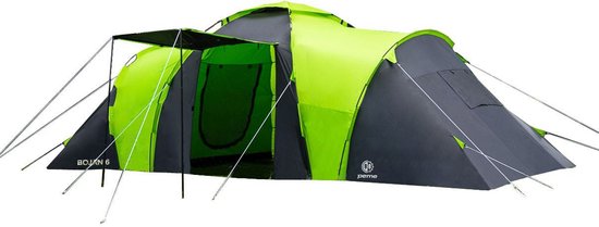 Peme Bojan Koepeltent Tent voor 6 personen, Zwart en groen, Tunnelstructuur, waterdicht, 2 ingangen, grote voortent, moskitiera