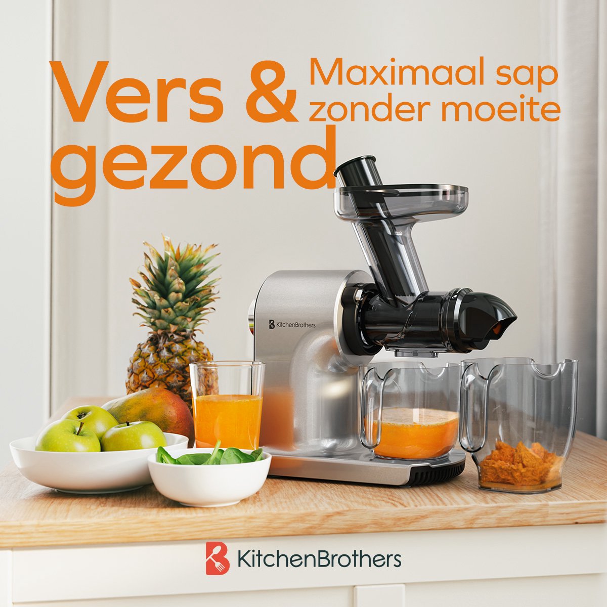 KitchenBrothers Slowjuicer - Sapcentrifuge - Compact - Juicer - Groenten en Fruitpers - 45 mm - 500 ml - Grijs thumbnail 2