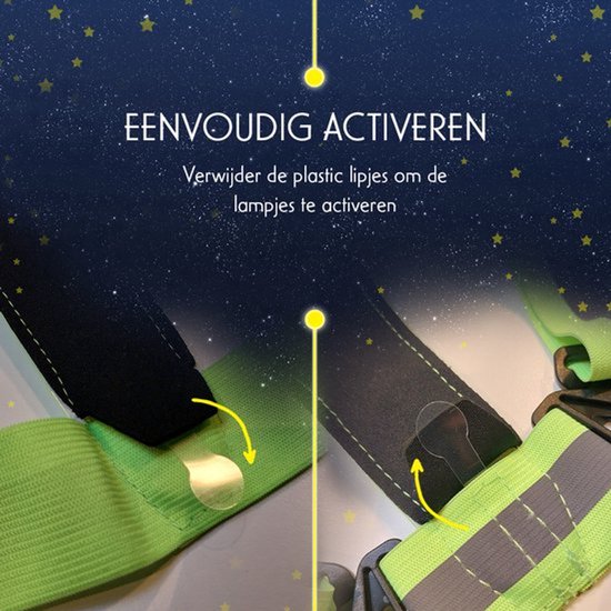 Detailopname van de klittenbandsluiting van het reflecterende hardloopvest, met een plastic lipje om de lampjes te activeren.