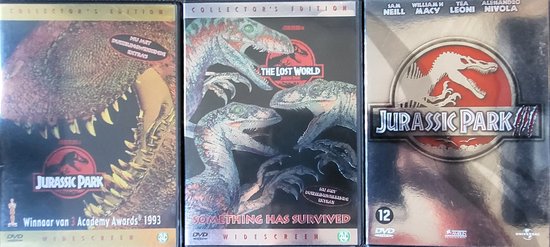 Dvd-hoes van Jurassic Park met dinosauruskop, The Lost World en Jurassic Park III.