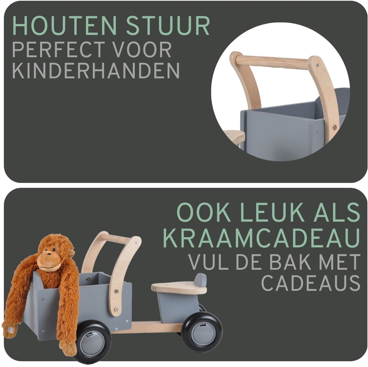Bandits & Angels Bakfiets Loopfiets Hout Little Rider Grey vanaf 1 jaar - Voor Jongens en Meisjes - Ride-On Houten Bakfiets - Houten Loop Fiets Grijs - Geluidsarme Wielen - Kraamcadeau — afbeelding 8