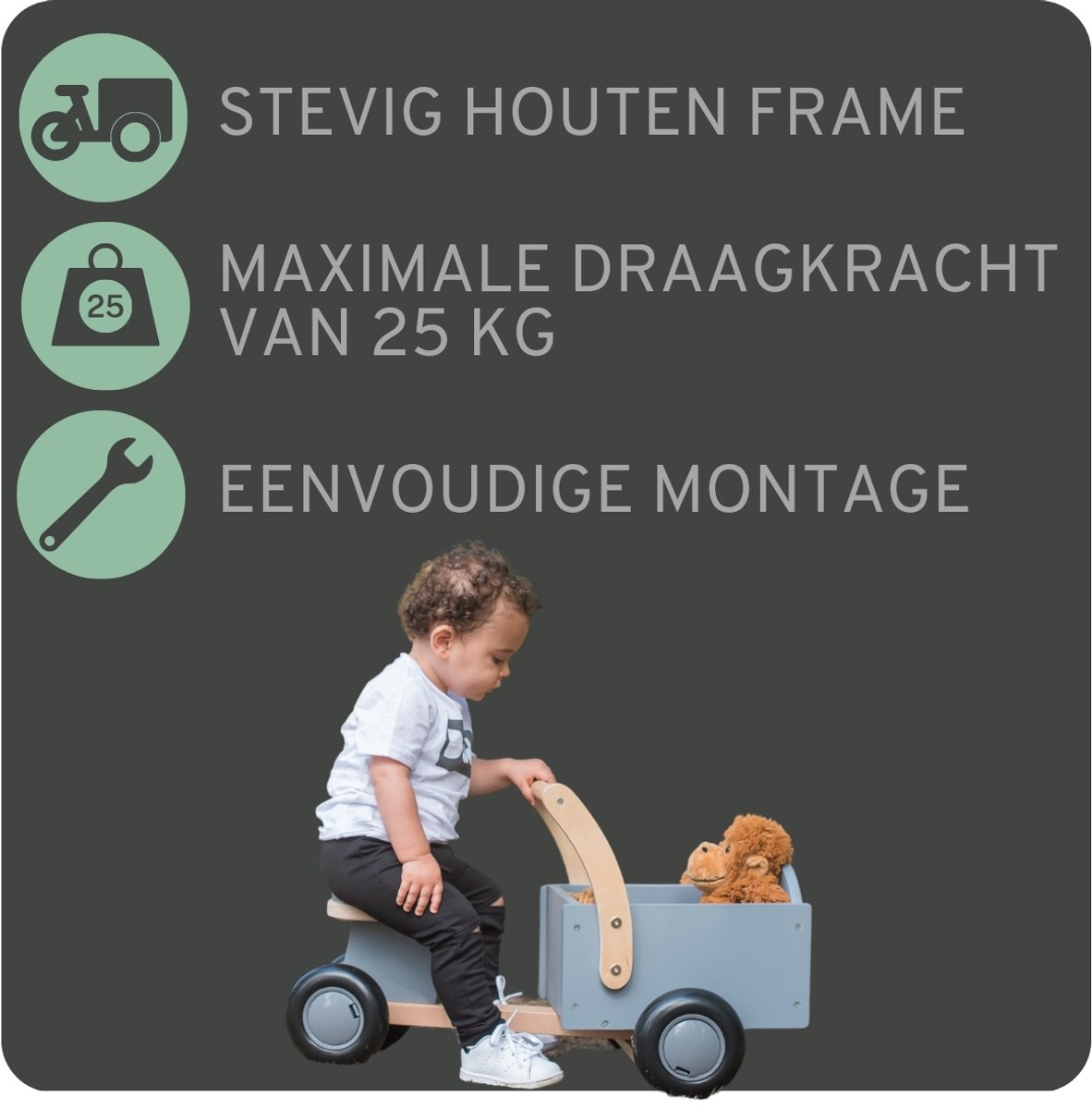 Bandits & Angels Bakfiets Loopfiets Hout Little Rider Grey vanaf 1 jaar - Voor Jongens en Meisjes - Ride-On Houten Bakfiets - Houten Loop Fiets Grijs - Geluidsarme Wielen - Kraamcadeau — afbeelding 5