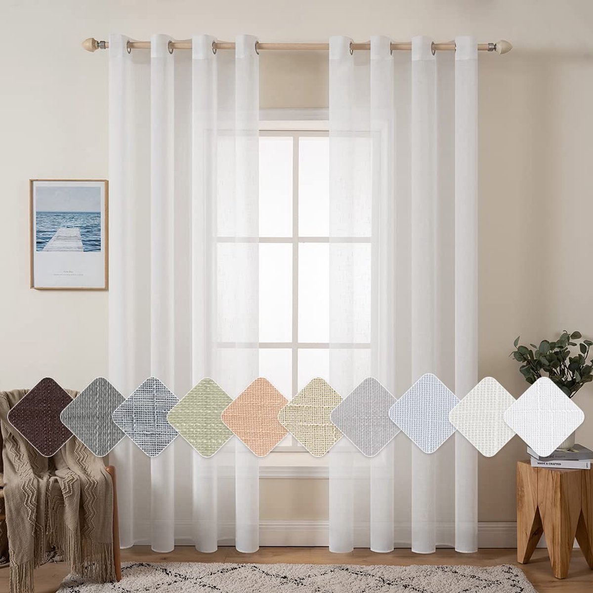 My Ninki ® Elegante Set van 2 Transparante Linnenlook Gordijnen met Oogjes voor Elke Kamer, 140 x 225 cm, Wit