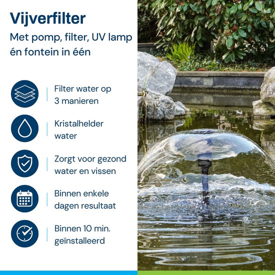 Vijverfilter met pomp, filter, UV lamp en fontein. Voor helder water en gezonde vissen.